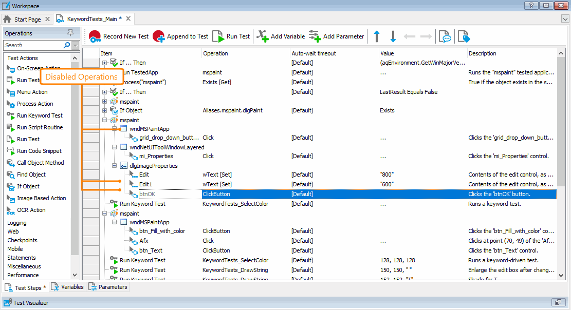Disabled Operations in the Keyword Test Editor