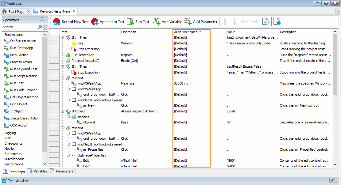 Auto-wait timeout column in the Keyword Test editor