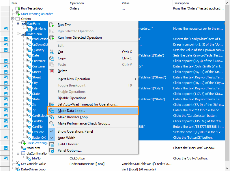 Selecting Make Data Loop command