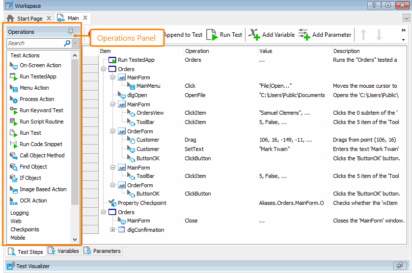 Operations panel of the Keyword Test editor