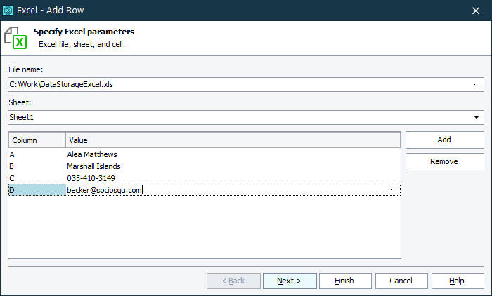 Parameters of the Excel - Add Row operation