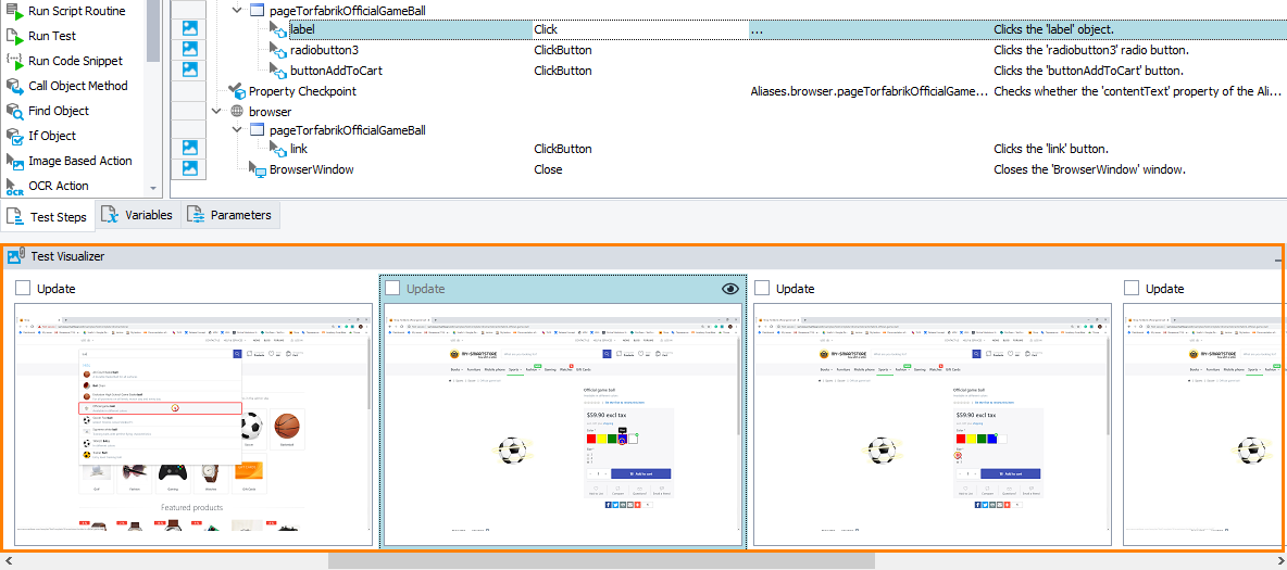 Getting Started with TestComplete (Web): Test Visualizer panel