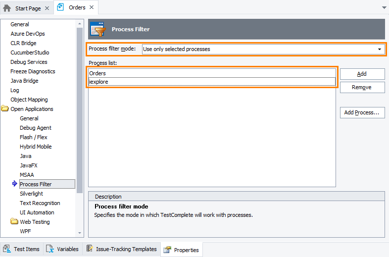 Enhancing TestComplete performance: Configuring process filter