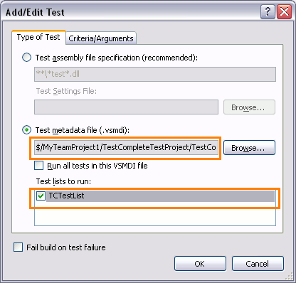 TestComplete integration with Visual Studio: Configuring a build to ruin a test list containing TestComplete tests