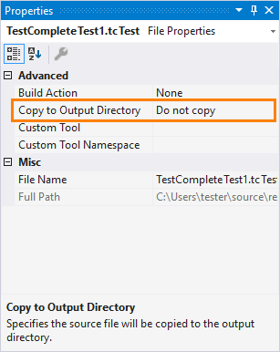 TestComplete integration with Visual Studio: Configuring TestComplete Test item properties