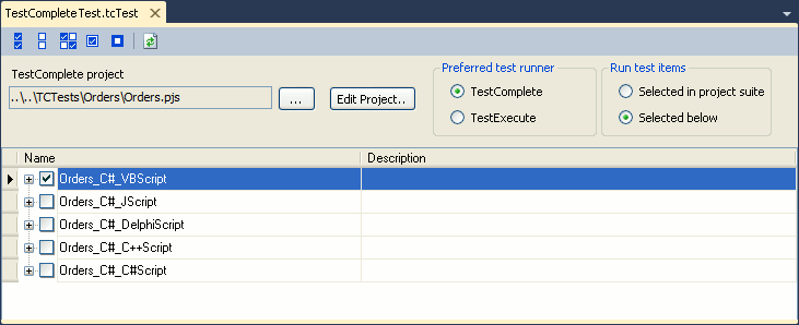 TestComplete integration with Visual Studio: Configuring TestComplete Test item to run TestComplete tests