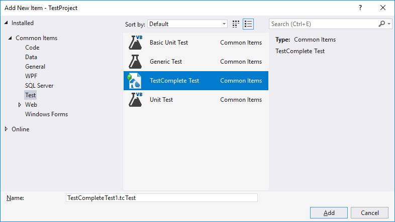 TestComplete integration with Visual Studio: Adding TestComplete Test item via Add New Test Dialog