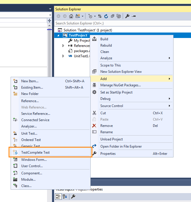 TestComplete integration with Visual Studio: Adding TestComplete Test item via context menu