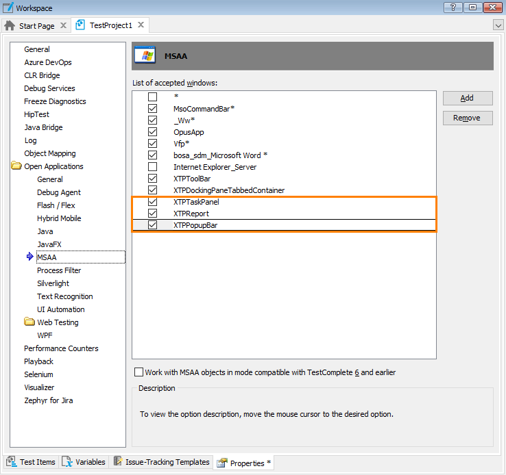 Project Properties - MSAA Options