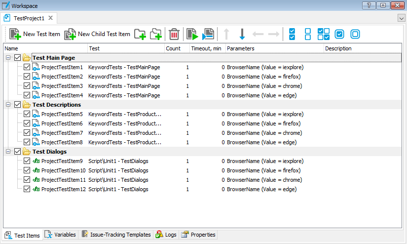 Parameterized cross-browser tests as test items