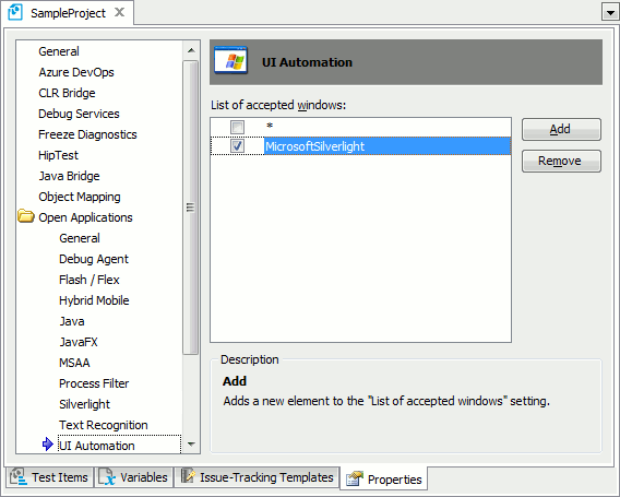 Project Properties: UI Automation Options