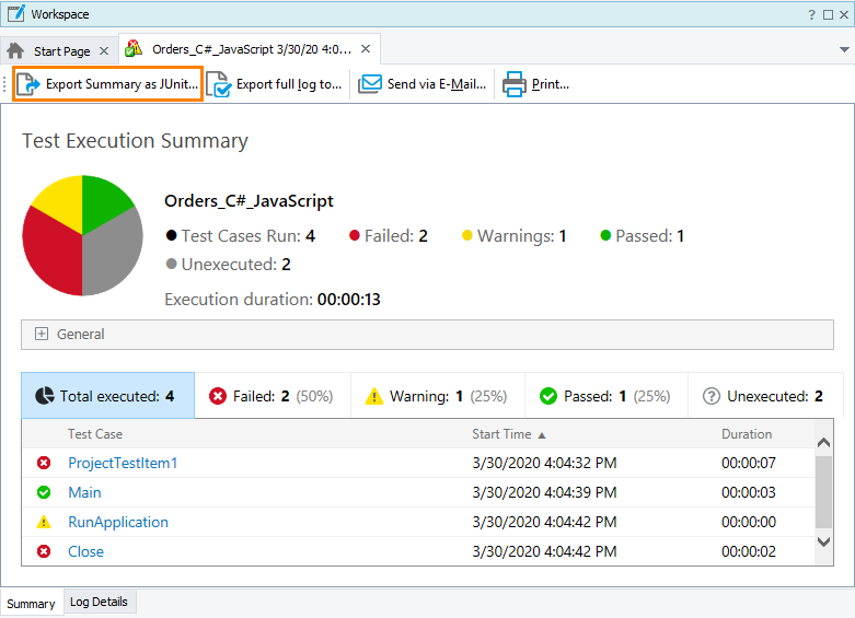 Exporting the Summary report to JUnit in TestComplete