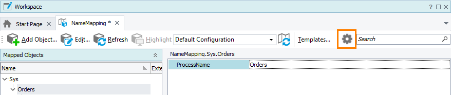 The location of the Configure Name Mapping icon on the toolbar