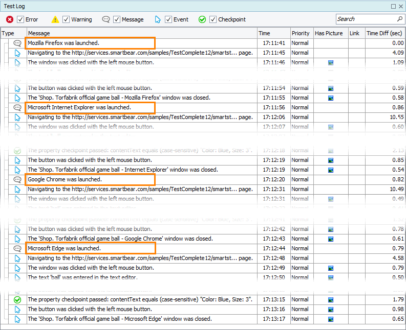 Getting Started with TestComplete (Web): The results of a cross-browser test