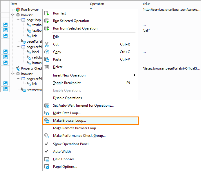 Getting Started with TestComplete (Web): Convert Run Browser operation into Browser Loop operation