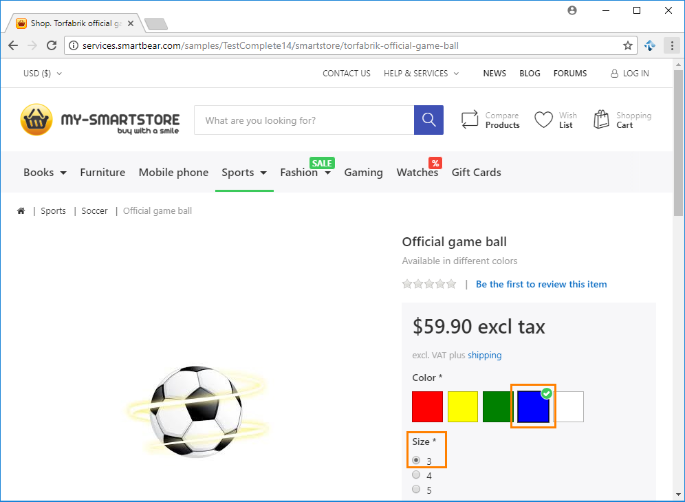 Getting Started with TestComplete (Web): Select item color and size