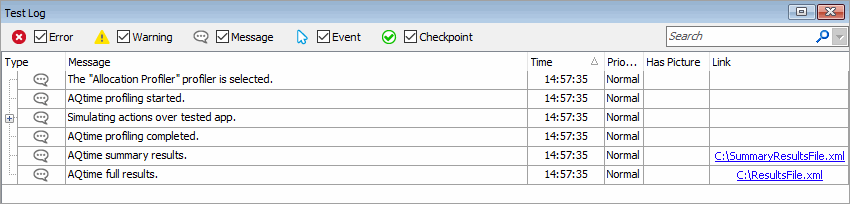 Profiling results in the test log