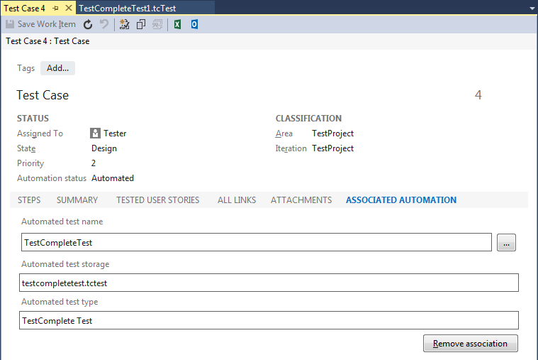 TestComplete integration with Visual Studio: Associating TestComplete Test item with a test case