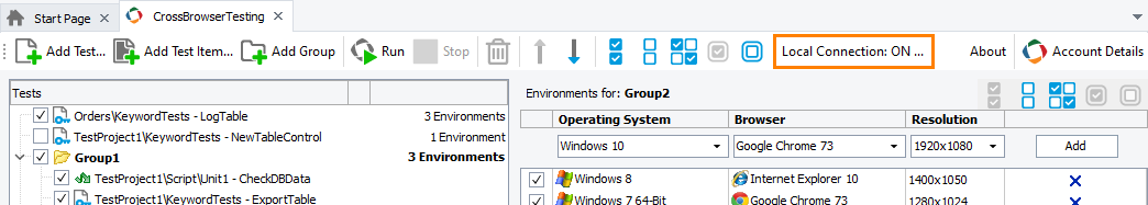 Integration with CrossBrowserTesting.com: Local connection status