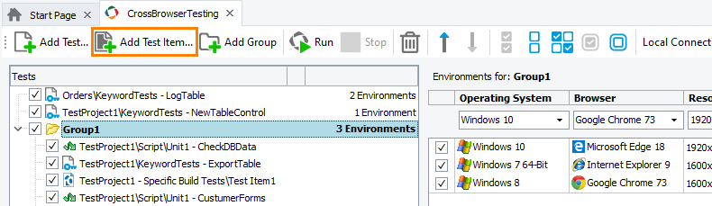 Integration with CrossBrowserTesting.com: Call the Select Project Test Items dialog to assign several test items to a CrossBrowserTesting environment