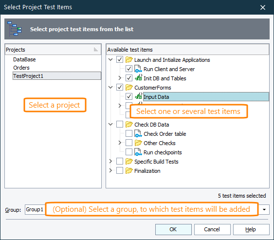 Integration with CrossBrowserTesting.com: Select Test Items dialog