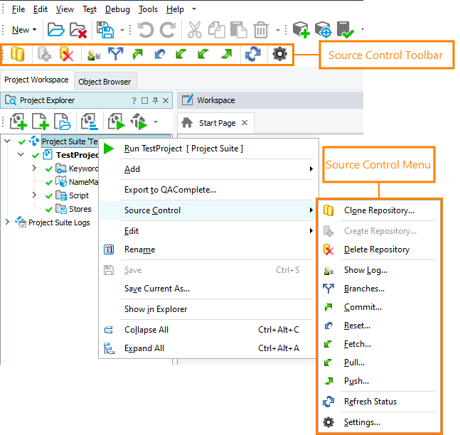 Source Control menu and Source Control toolbar with Git integration enabled.