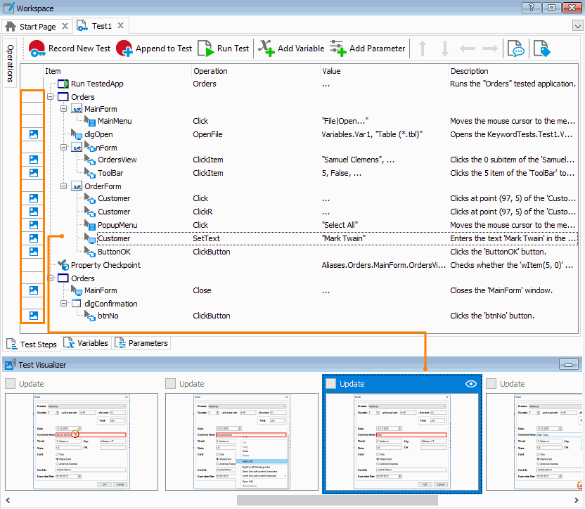 Keyword test operations with the captured screenshots in the Visualizer panel