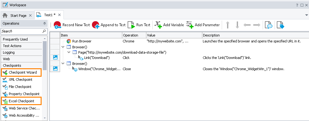 Excel Checkpoint: Adding Excel checkpoints to keyword tests