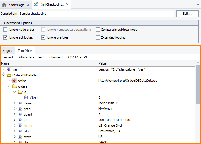 Tree View page of the XMLCheckpoint Element editor