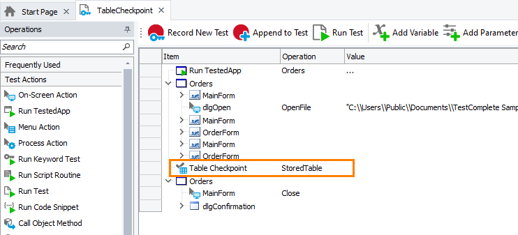 Table checkpoint in a keyword test