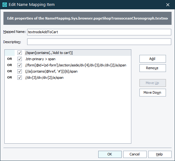 Edit Name Mapping Item dialog - XPath and CSS selectors mode