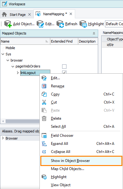 Name Mapping editor: Show in Object Browser command