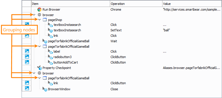 Grouping nodes Getting Started with TestComplete (Web): Grouping nodes