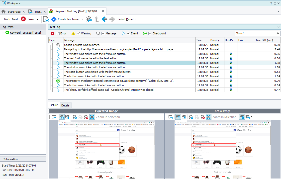 Getting Started with TestComplete (Web): The sample test log