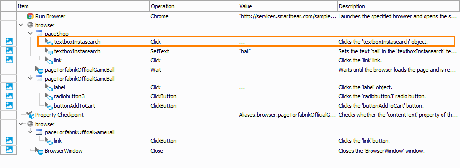 Getting Started with TestComplete (Web): The Click operation recorded with coordinates