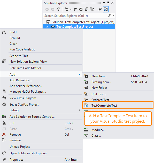 TestComplete integration with Visual Studio: Add TestComplete Test item to Visual Studio test project