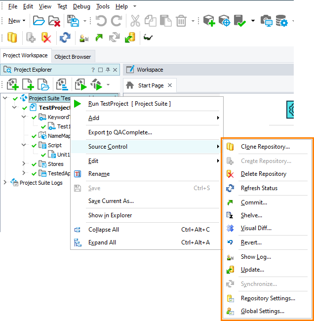 Items of the Source Control menu with TortoiseHg integration enabled.