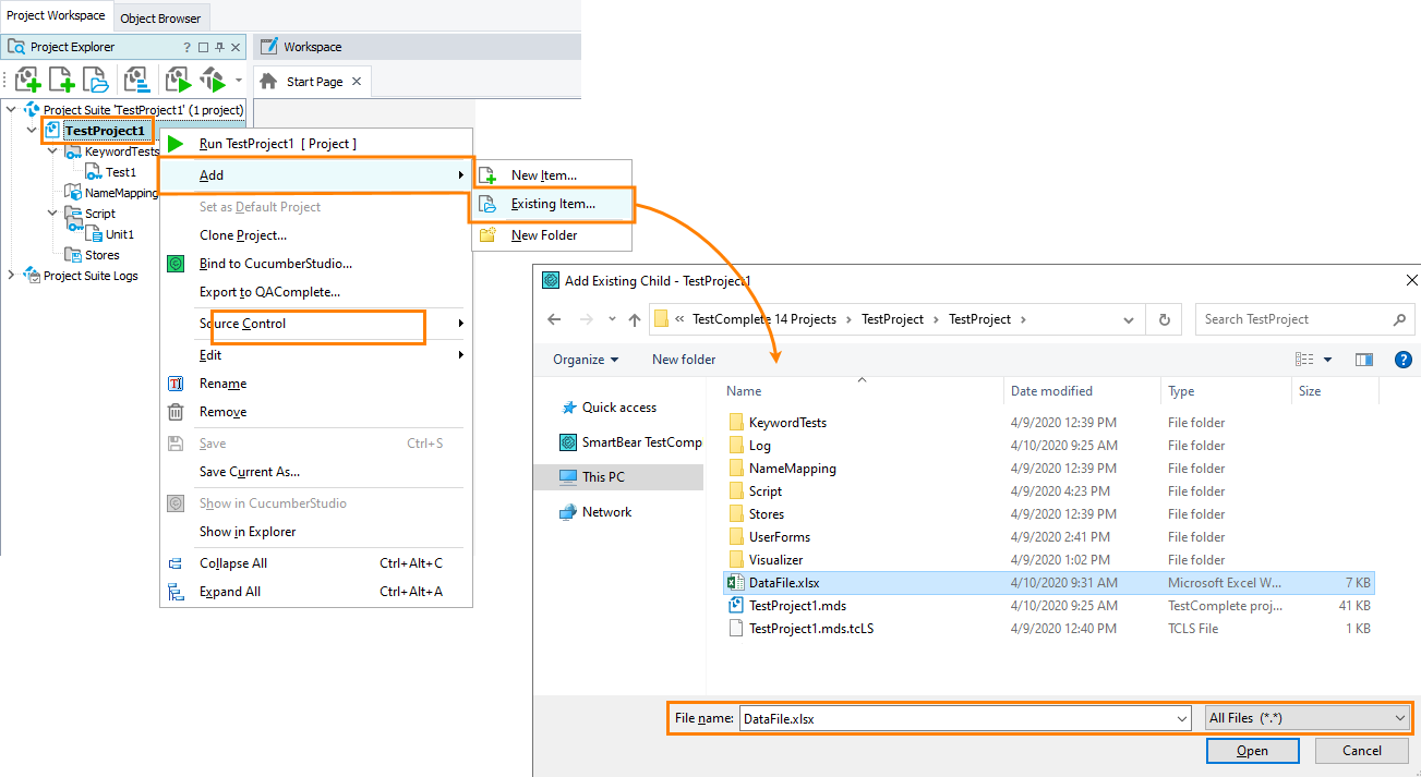 Adding files to TestComplete projects