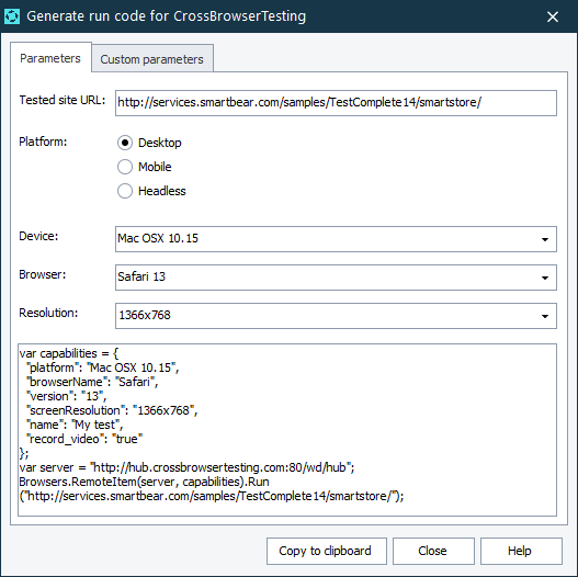 Generate run code for CrossBrowserTesting dialog