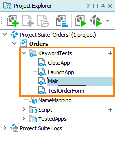Keyword-driven tests in the Project Explorer panel