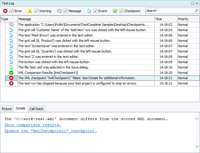 XML Checkpoint Results