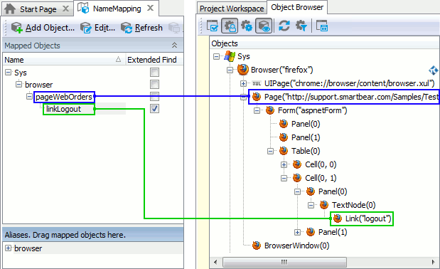 Objects in Name Mapping and the corresponding objects in the Object Browser