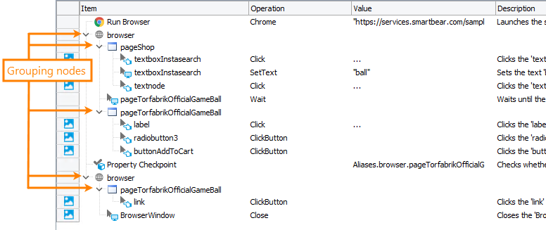 Getting Started with TestComplete (Web): Grouping nodes