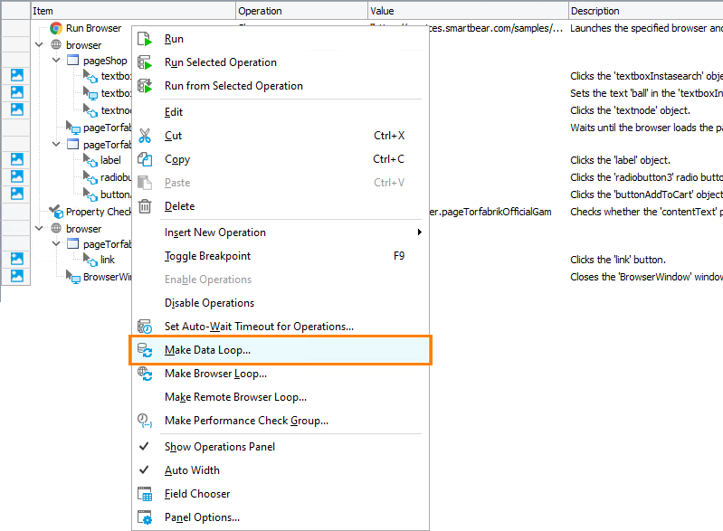 Getting Started with TestComplete (Web): Convert Run Browser operation into Browser Loop operation