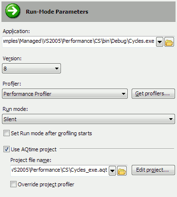 Profiling settings for a tested application