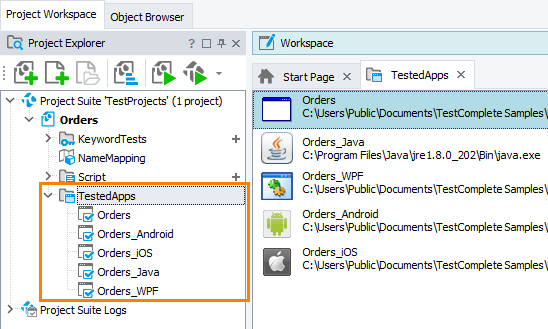 List of tested applications in the Project Explorer