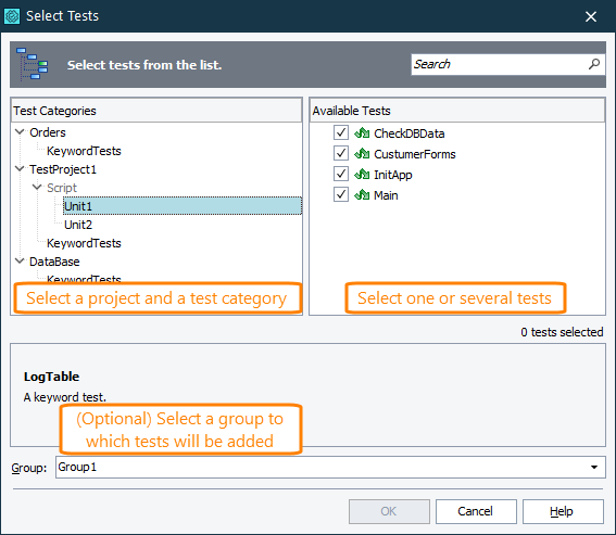 Integration with CrossBrowserTesting.com: Select Tests dialog called from the CrossBrowserTesting manager