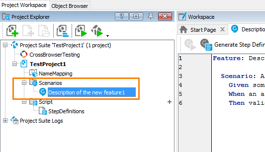 New BDD feature file in the Project Explorer