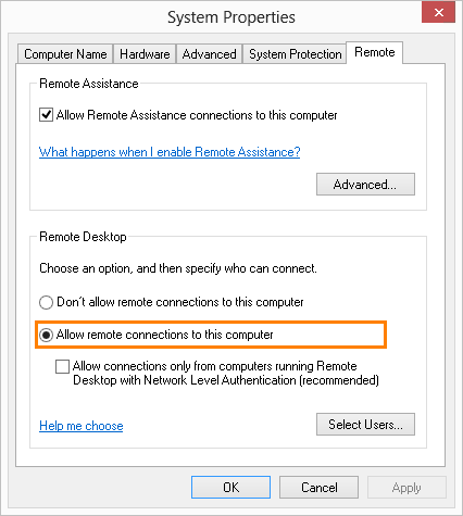 Remote desktop settings for Windows 8 and Windows 10