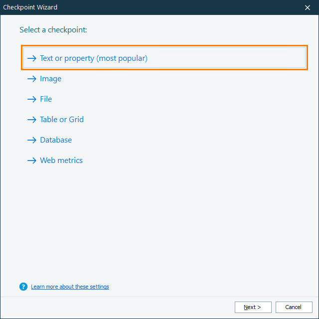 Property Checkpoint: Selecting a checkpoint type